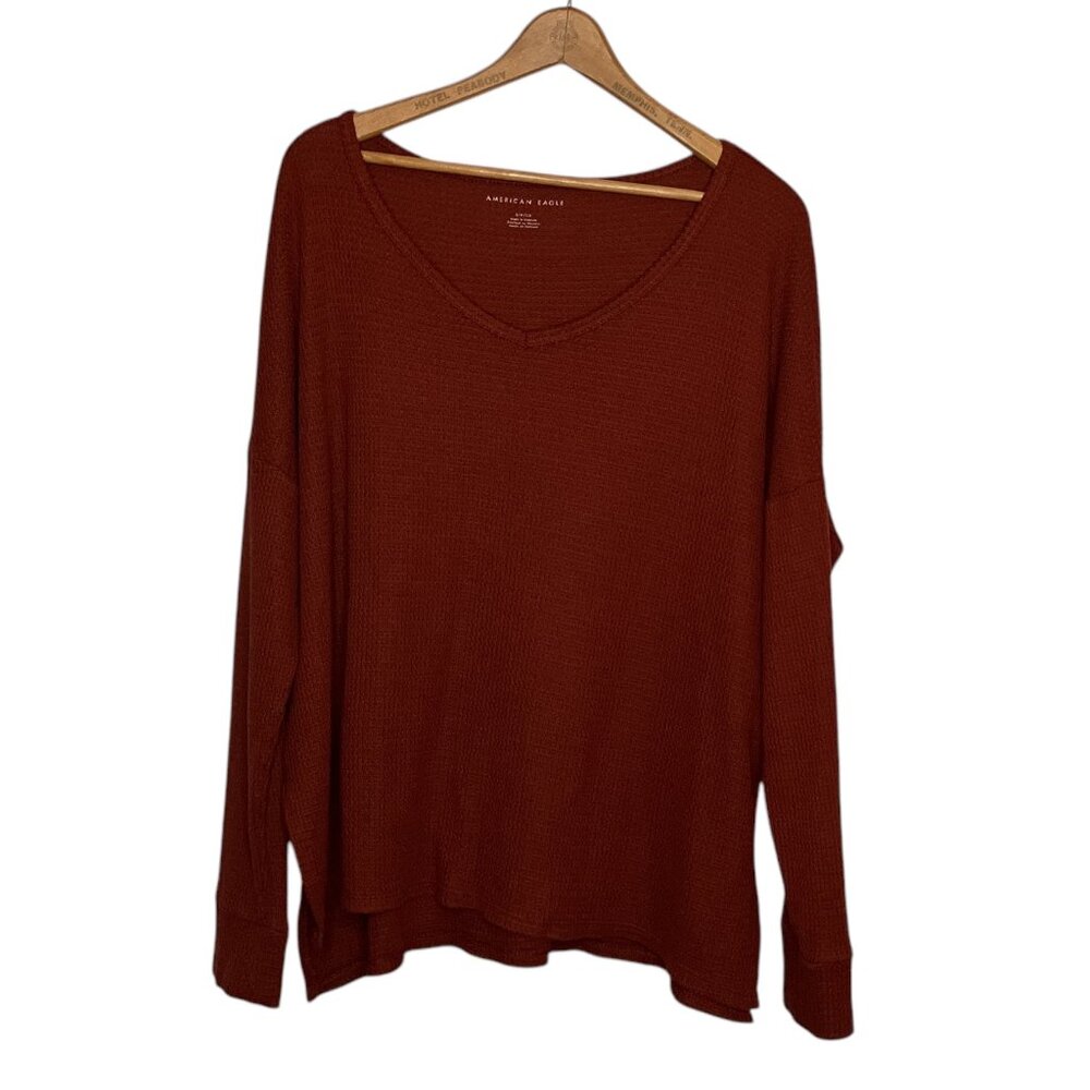 American Eagle Small S Rust Red Oversized Slouchy Thermal‎ Waffle Knit Top Shirt